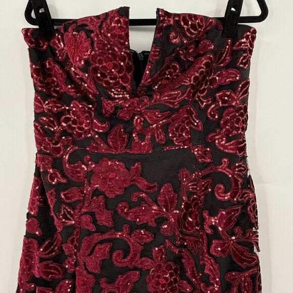 Dress The Population Sequin Floral Lace Fernanda Gown Strapless Burgundy, XL - Picture 4 of 11